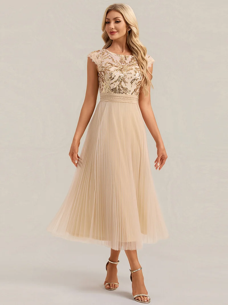 Robe midi sans manches à sequins col rond en A