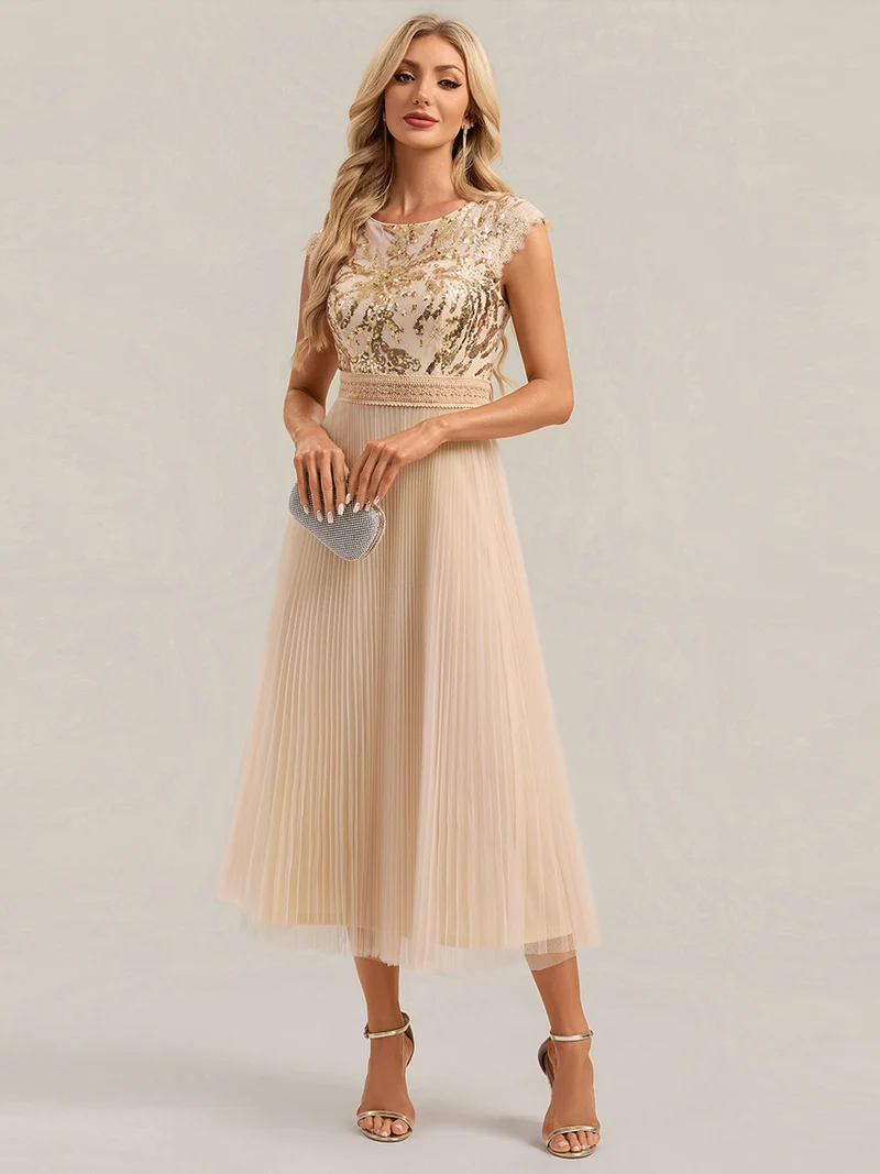 Robe midi sans manches à sequins col rond en A