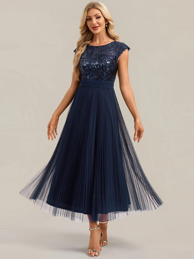 Robe midi sans manches à sequins col rond en A