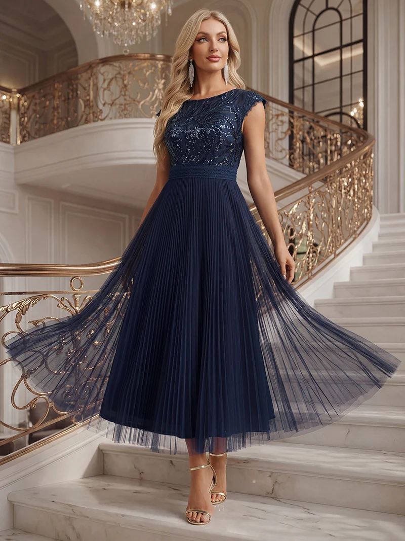 Robe midi sans manches à sequins col rond en A