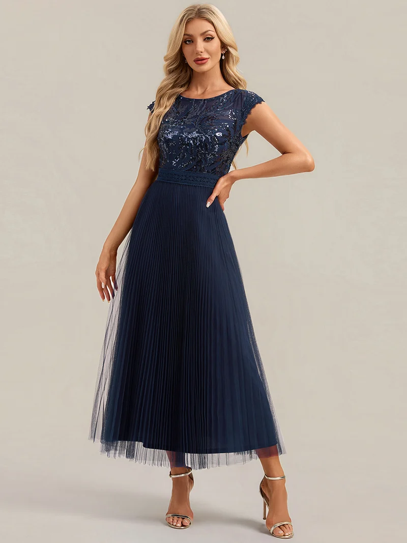 Robe midi sans manches à sequins col rond en A