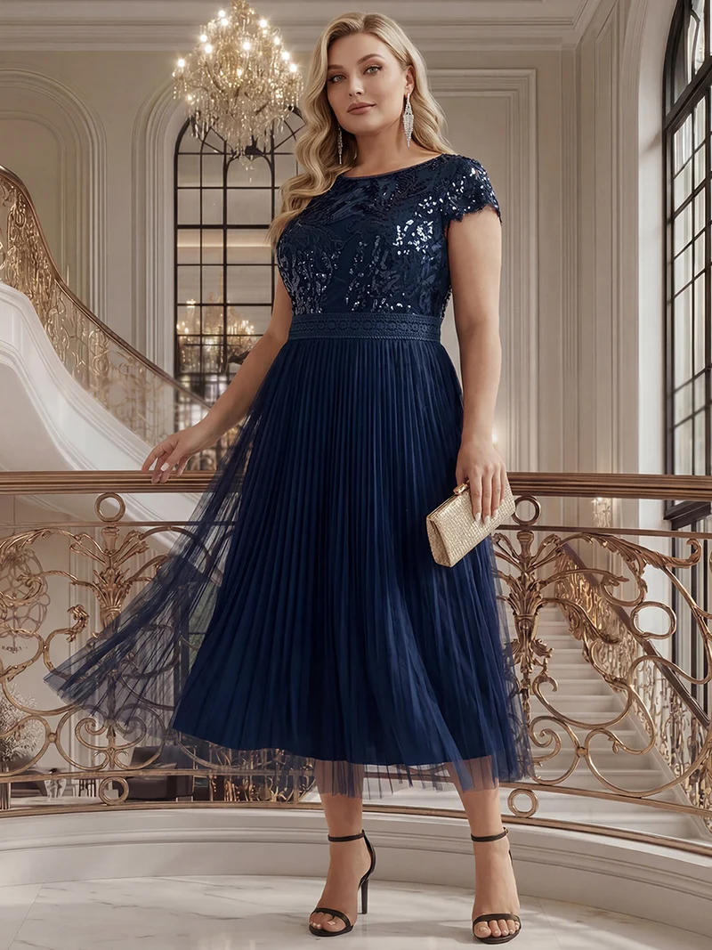 Robe midi sans manches à sequins col rond en A
