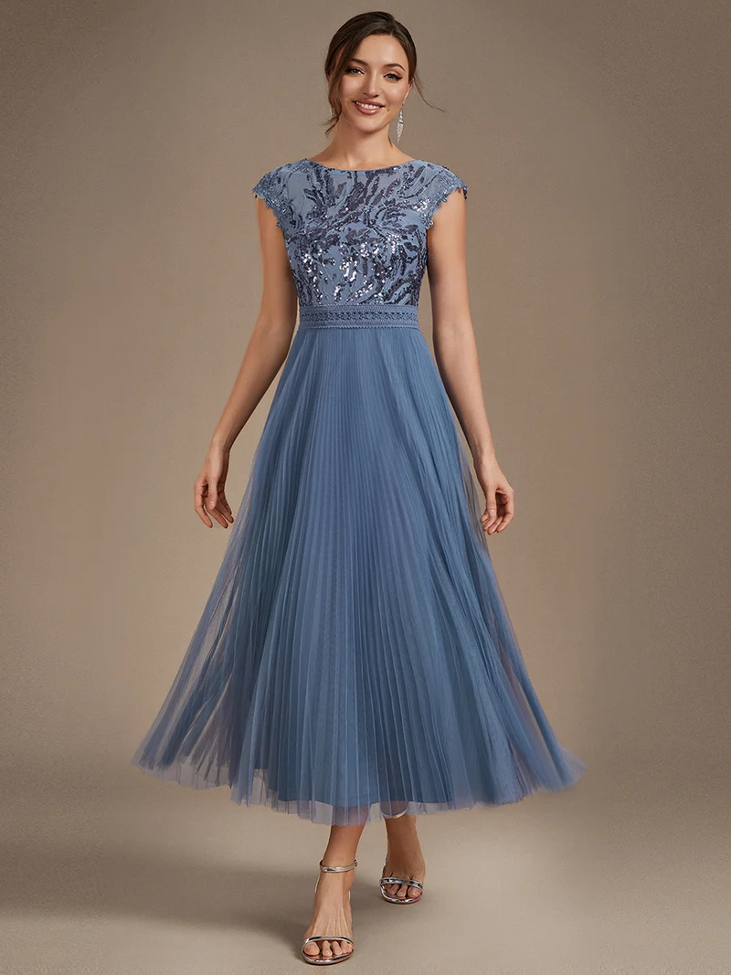 Robe midi sans manches à sequins col rond en A