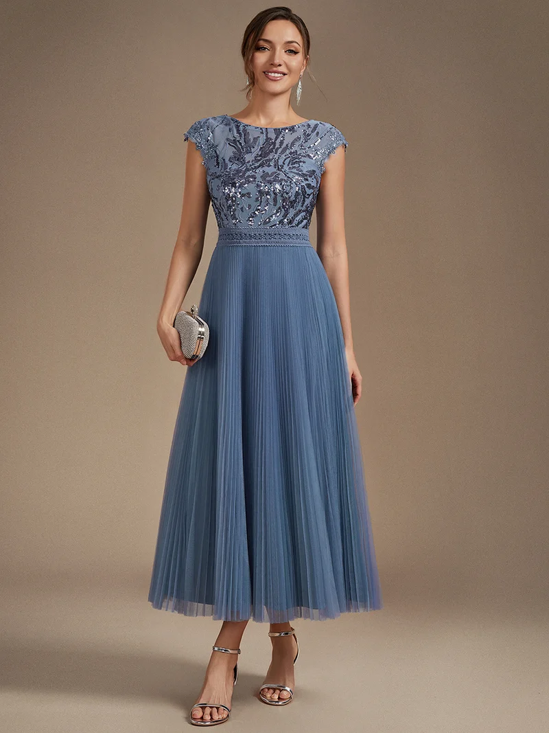 Robe midi sans manches à sequins col rond en A