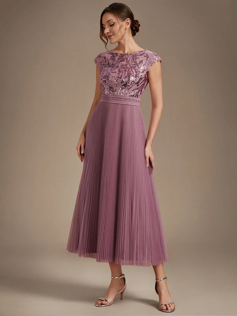 Robe midi sans manches à sequins col rond en A