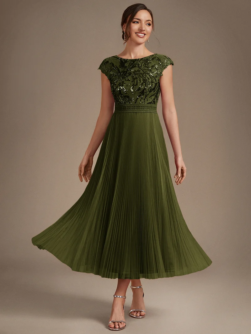 Robe midi sans manches à sequins col rond en A