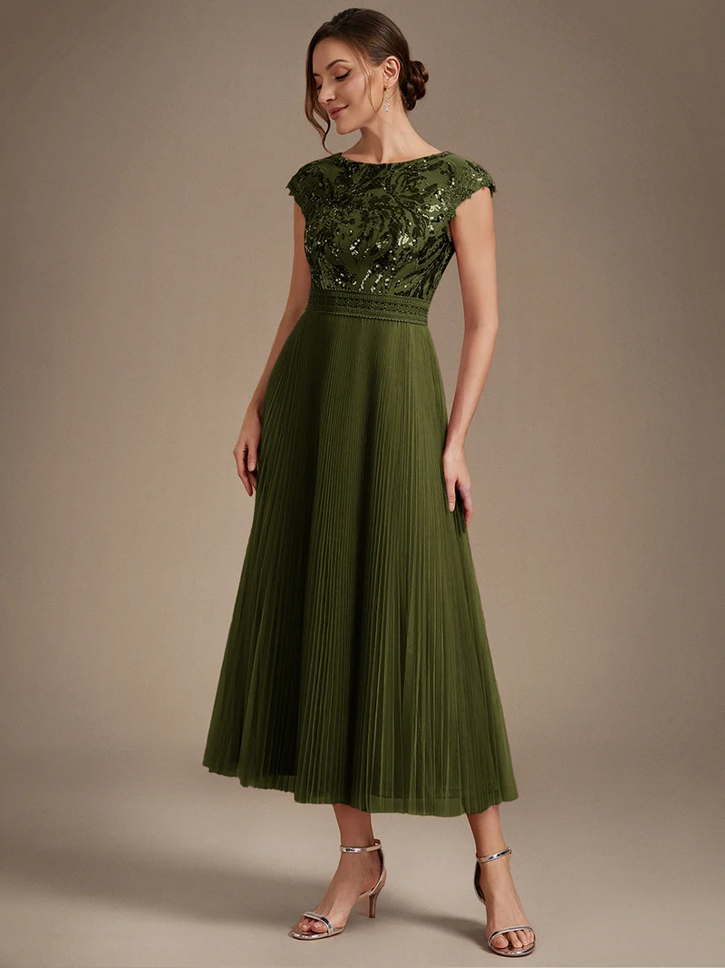 Robe midi sans manches à sequins col rond en A