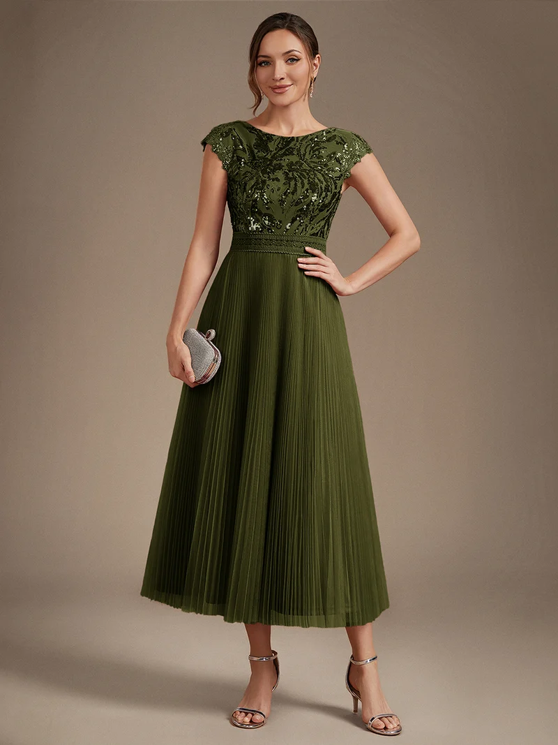 Robe midi sans manches à sequins col rond en A