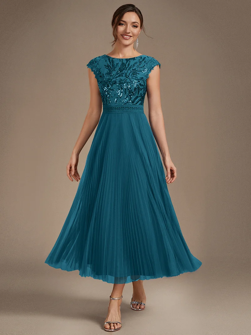 Robe midi sans manches à sequins col rond en A