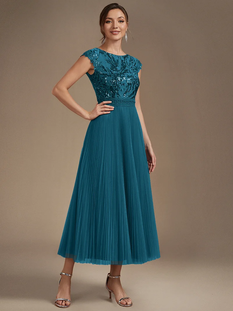 Robe midi sans manches à sequins col rond en A