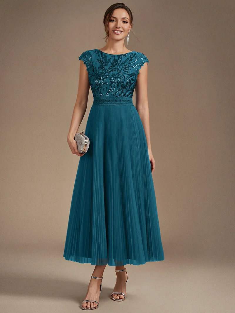 Robe midi sans manches à sequins col rond en A