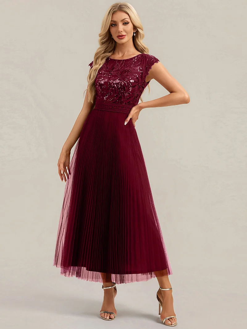 Robe midi sans manches à sequins col rond en A