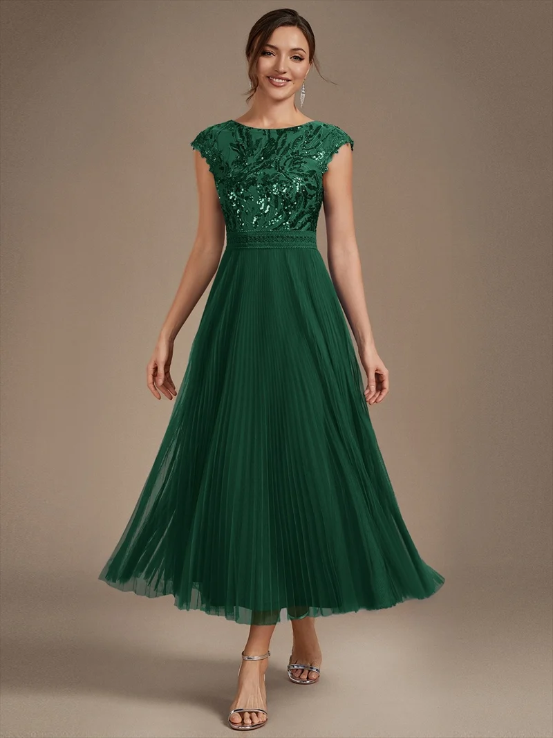 Robe midi sans manches à sequins col rond en A