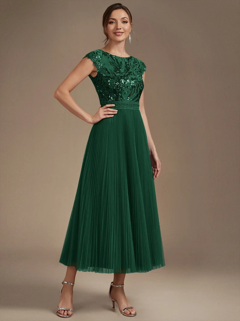 Robe midi sans manches à sequins col rond en A
