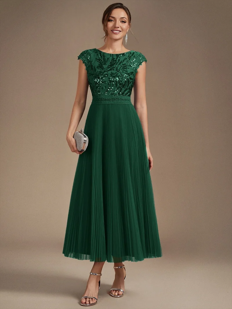 Robe midi sans manches à sequins col rond en A