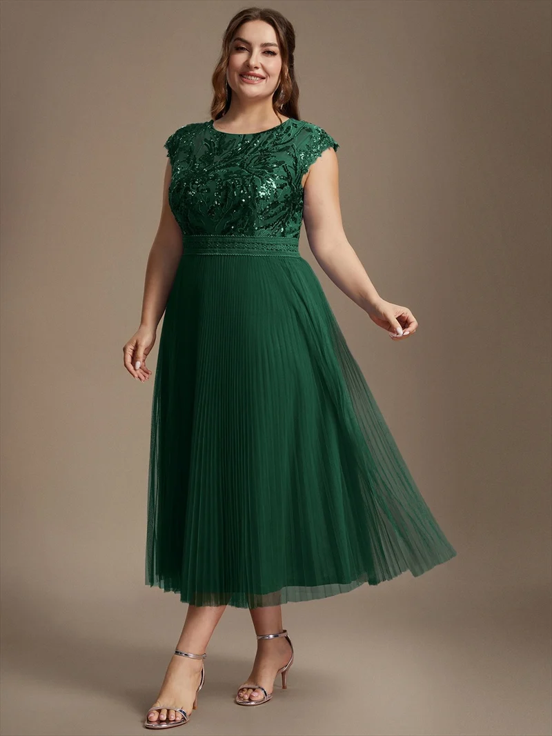Robe midi sans manches à sequins col rond en A