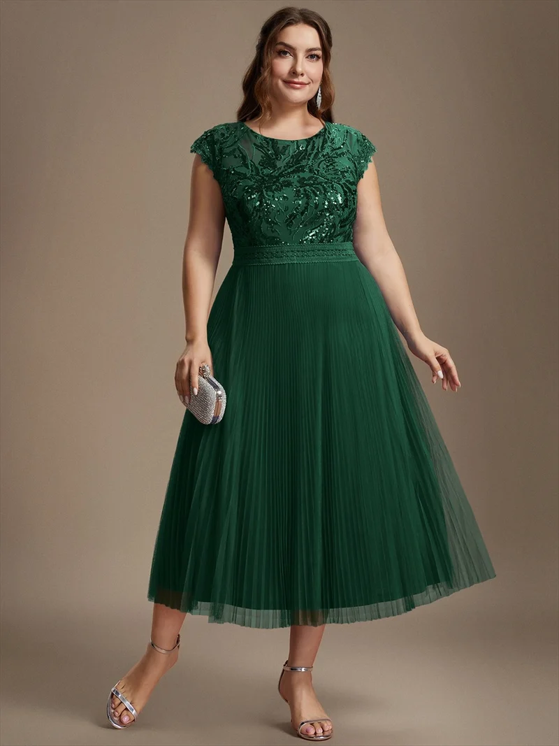 Robe midi sans manches à sequins col rond en A
