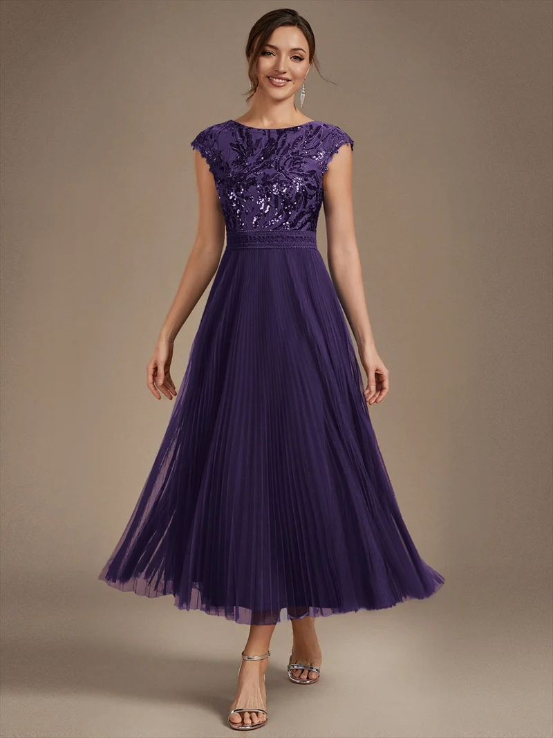 Robe midi sans manches à sequins col rond en A