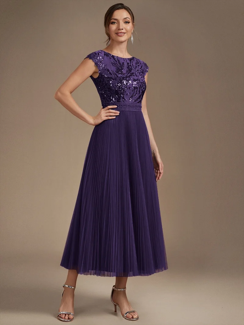 Robe midi sans manches à sequins col rond en A