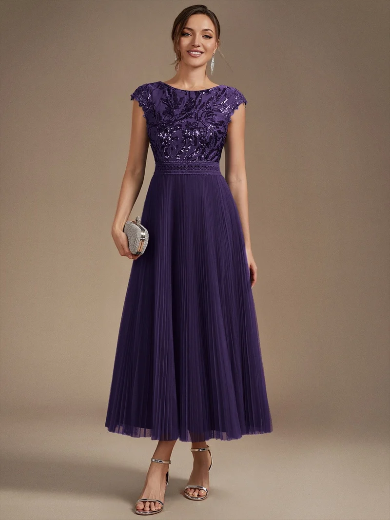 Robe midi sans manches à sequins col rond en A