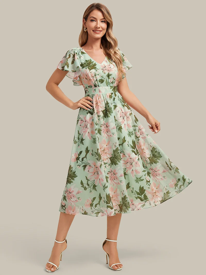 Robe midi à manches courtes en V sans élasthanne avec des manches volantées