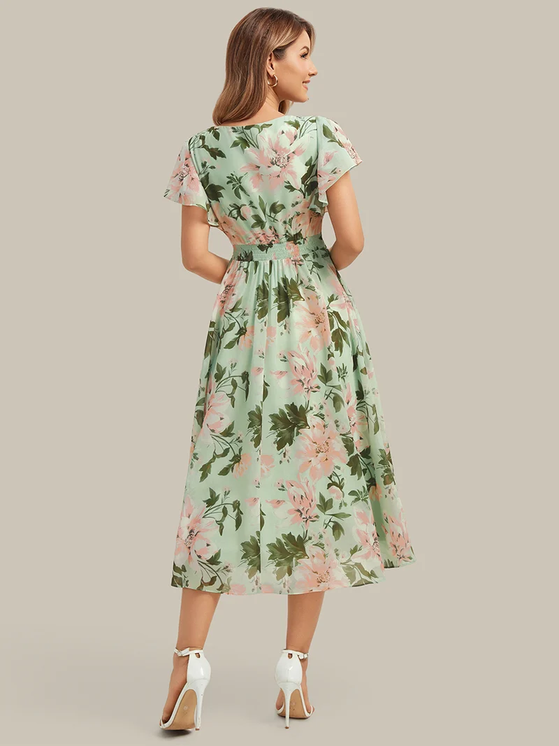 Robe midi à manches courtes en V sans élasthanne avec des manches volantées