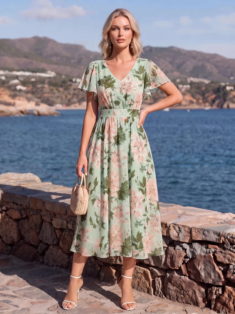 Robe midi à manches courtes en V sans élasthanne avec des manches volantées