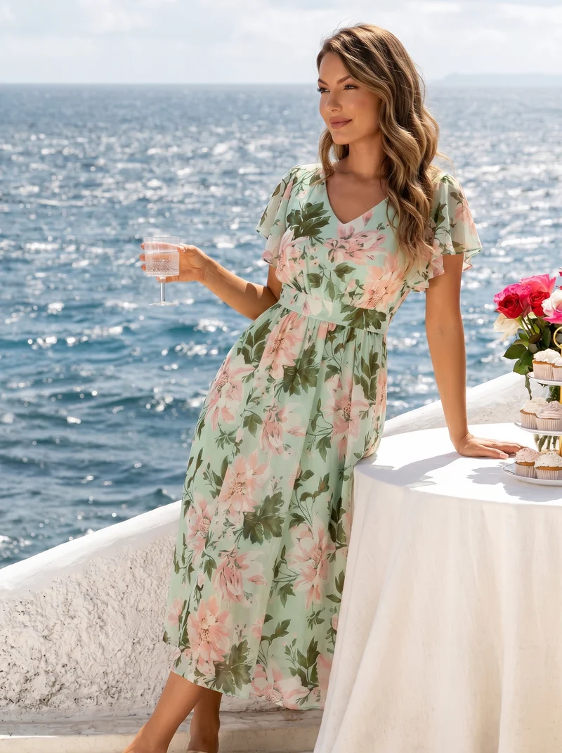Robe midi à manches courtes en V sans élasthanne avec des manches volantées