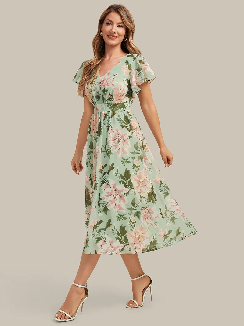 Robe midi à manches courtes en V sans élasthanne avec des manches volantées