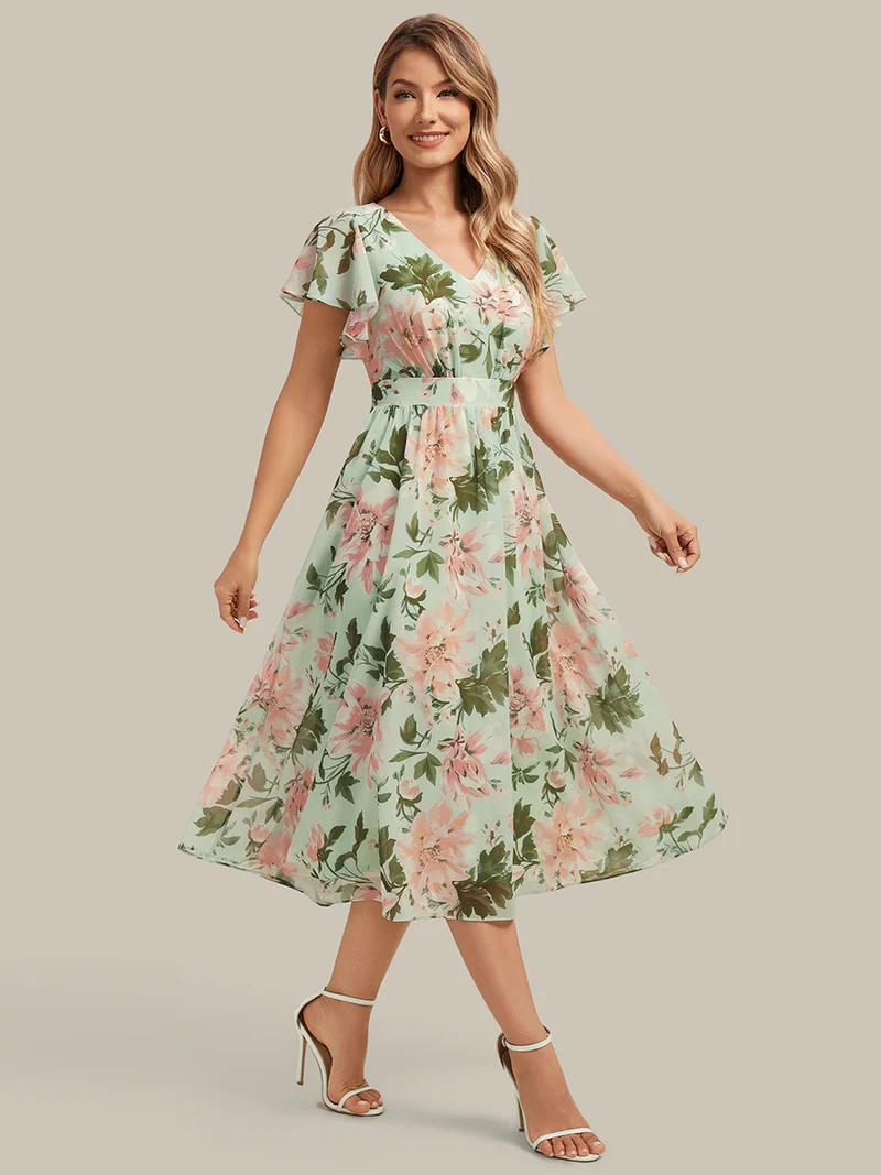 Robe midi à manches courtes en V sans élasthanne avec des manches volantées