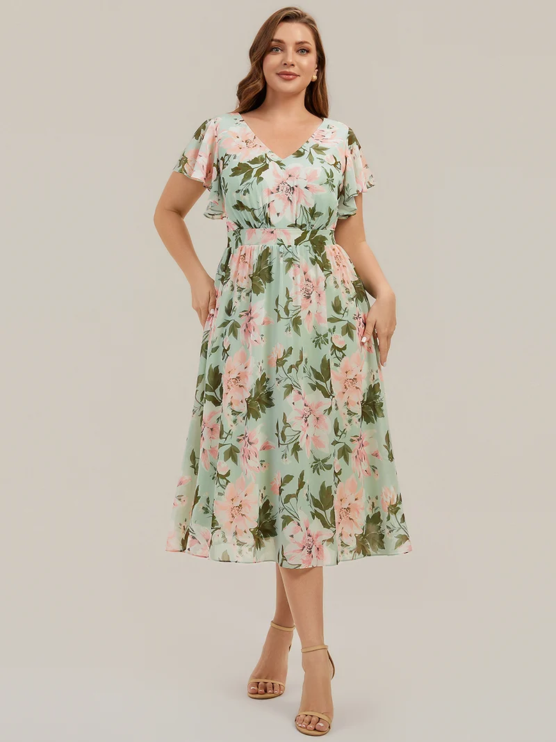 Robe midi à manches courtes en V sans élasthanne avec des manches volantées