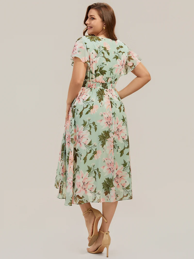 Robe midi à manches courtes en V sans élasthanne avec des manches volantées