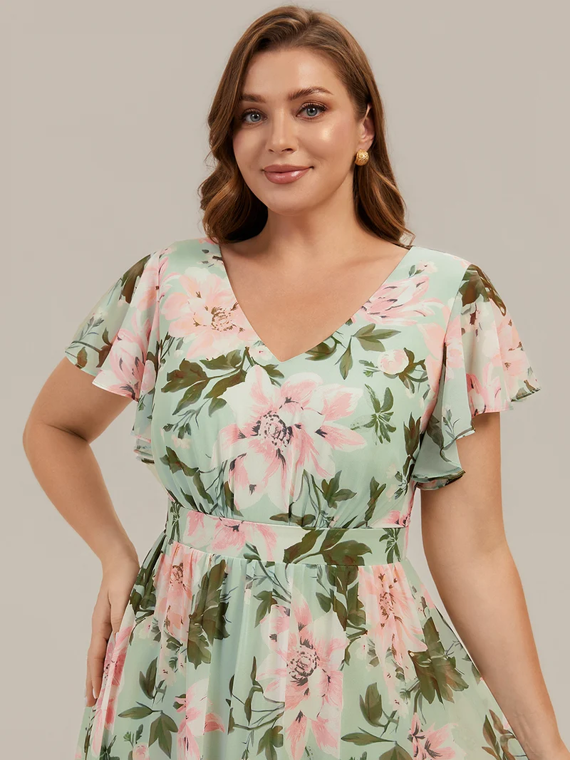 Robe midi à manches courtes en V sans élasthanne avec des manches volantées