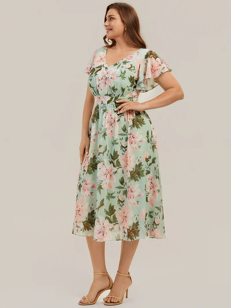 Robe midi à manches courtes en V sans élasthanne avec des manches volantées