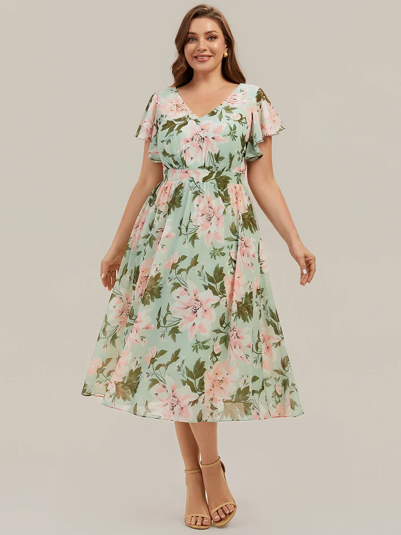 Robe midi à manches courtes en V sans élasthanne avec des manches volantées
