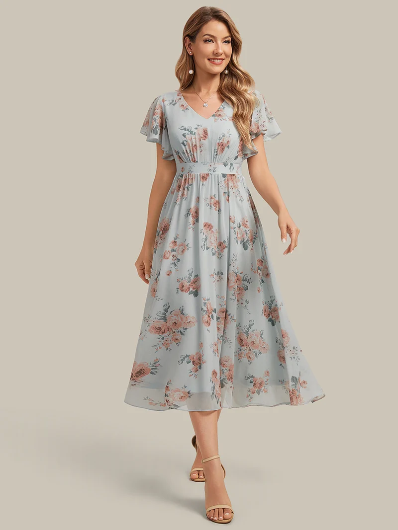 Robe midi à manches courtes en V sans élasthanne avec des manches volantées
