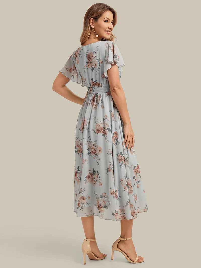 Robe midi à manches courtes en V sans élasthanne avec des manches volantées
