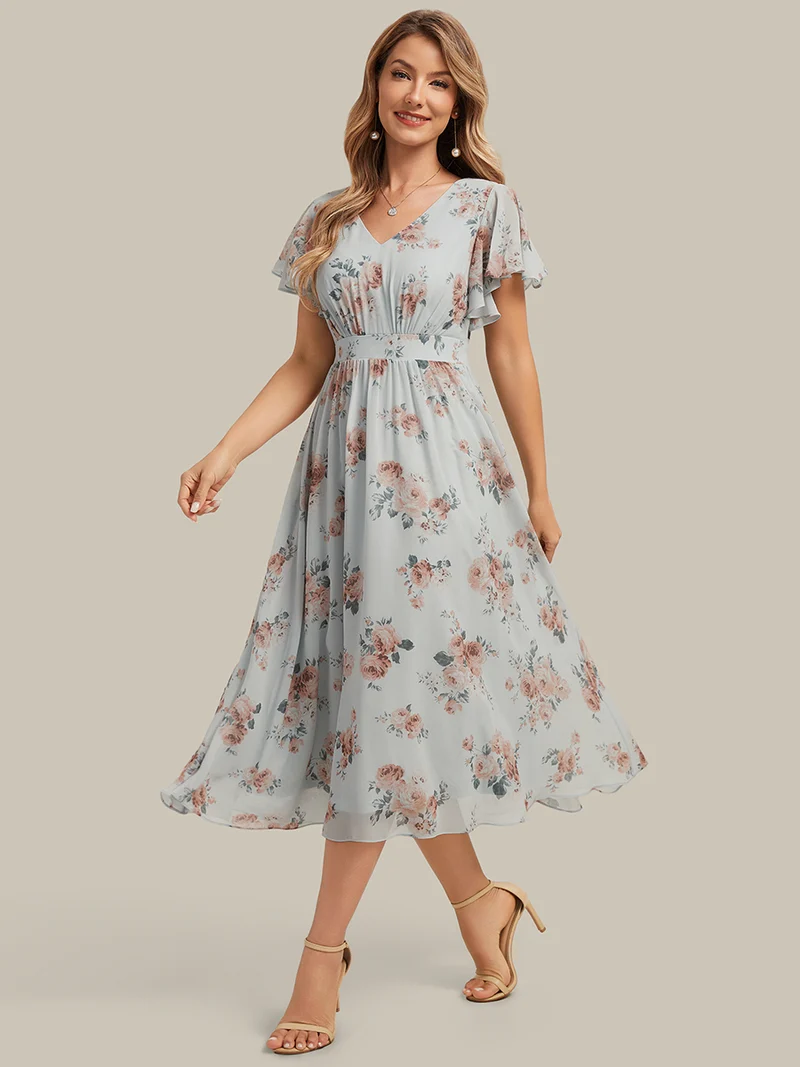 Robe midi à manches courtes en V sans élasthanne avec des manches volantées