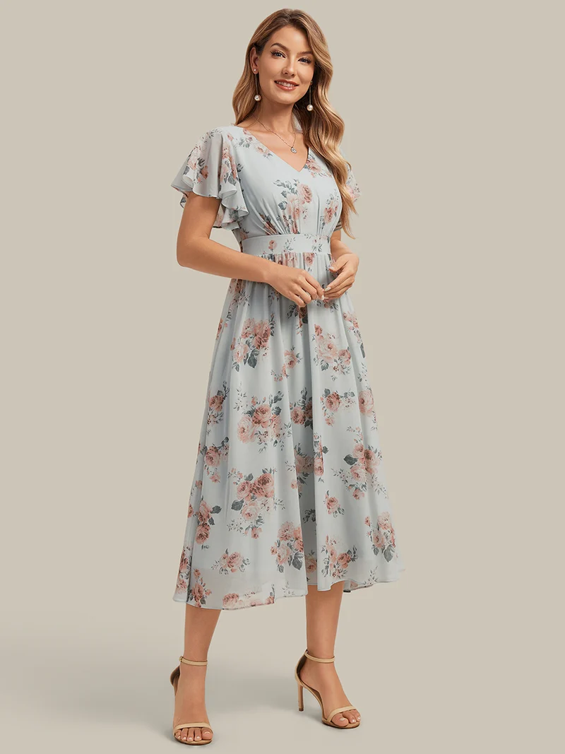 Robe midi à manches courtes en V sans élasthanne avec des manches volantées