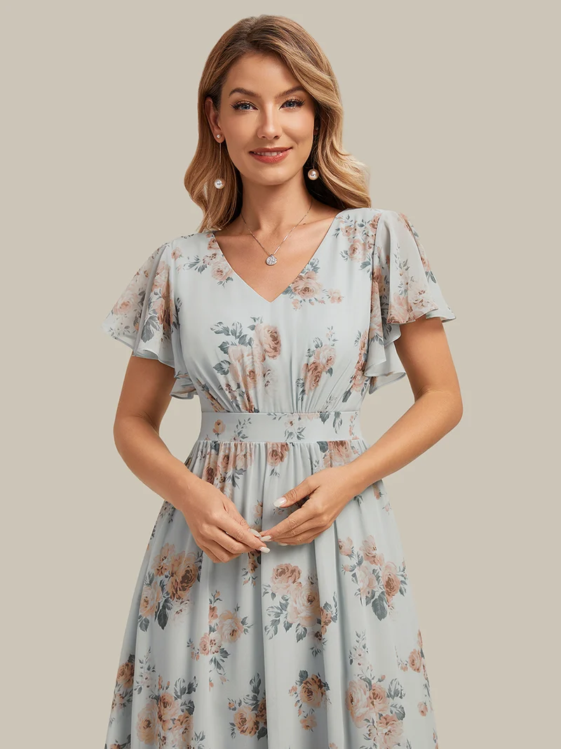 Robe midi à manches courtes en V sans élasthanne avec des manches volantées