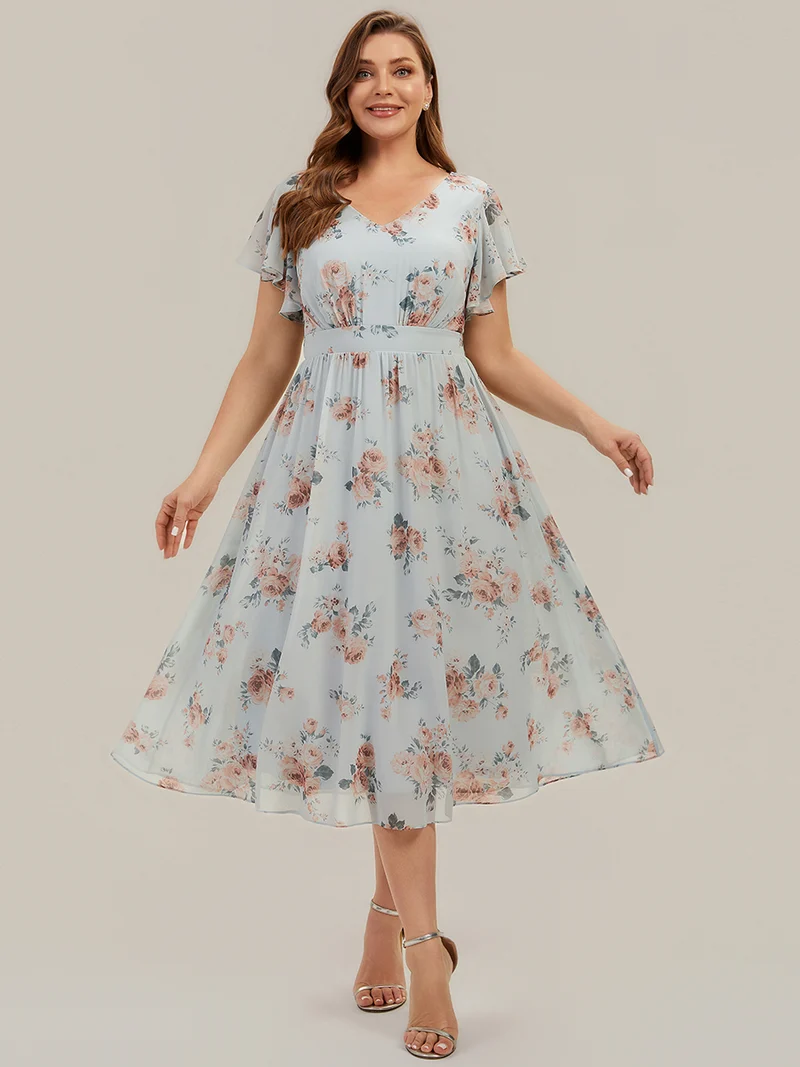 Robe midi à manches courtes en V sans élasthanne avec des manches volantées