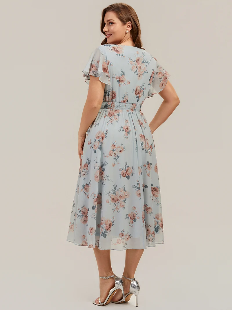 Robe midi à manches courtes en V sans élasthanne avec des manches volantées
