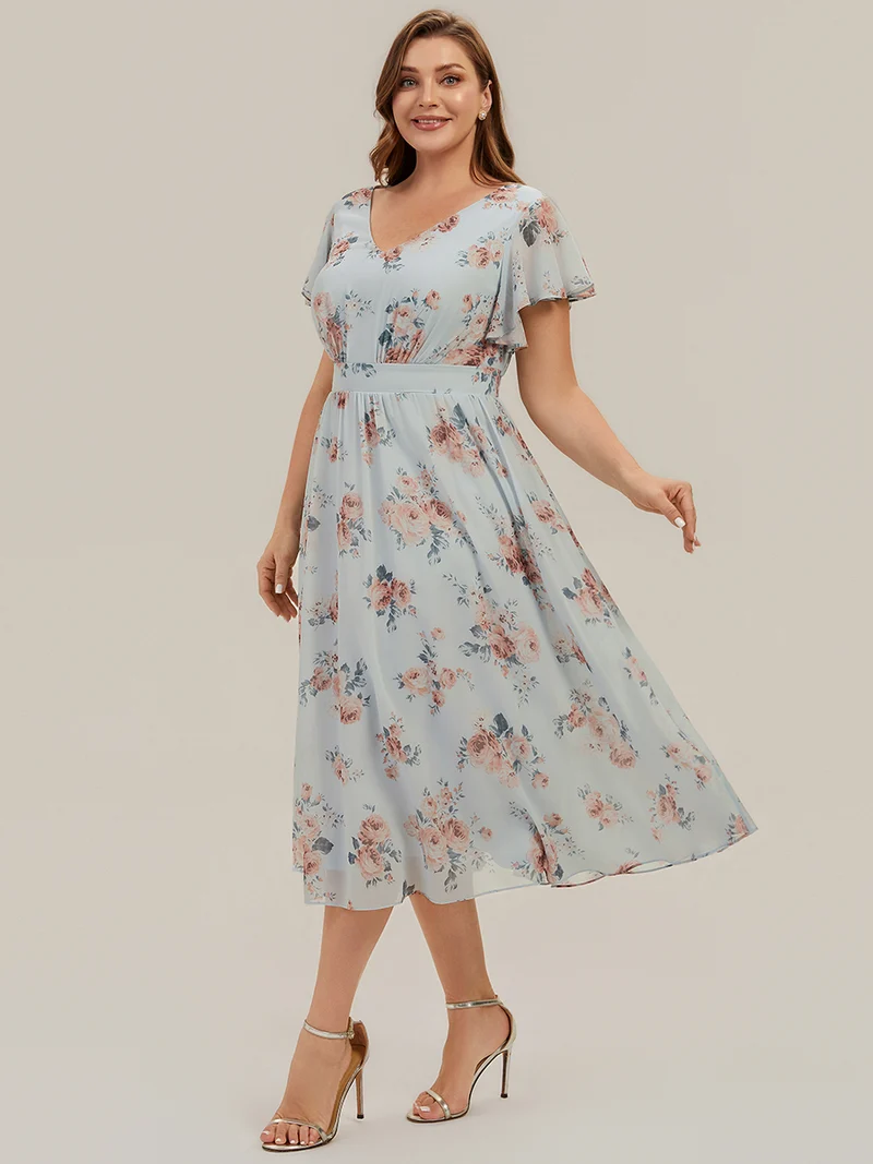 Robe midi à manches courtes en V sans élasthanne avec des manches volantées