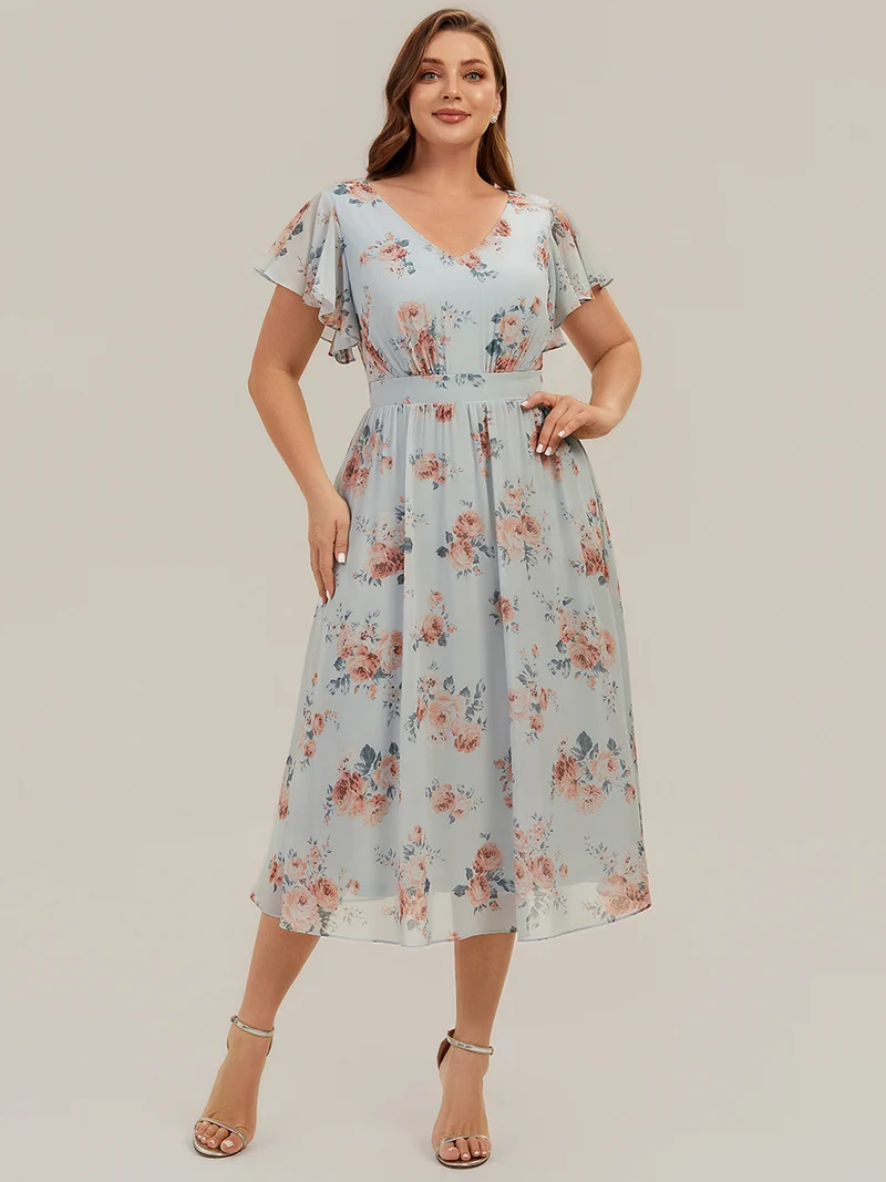 Robe midi à manches courtes en V sans élasthanne avec des manches volantées