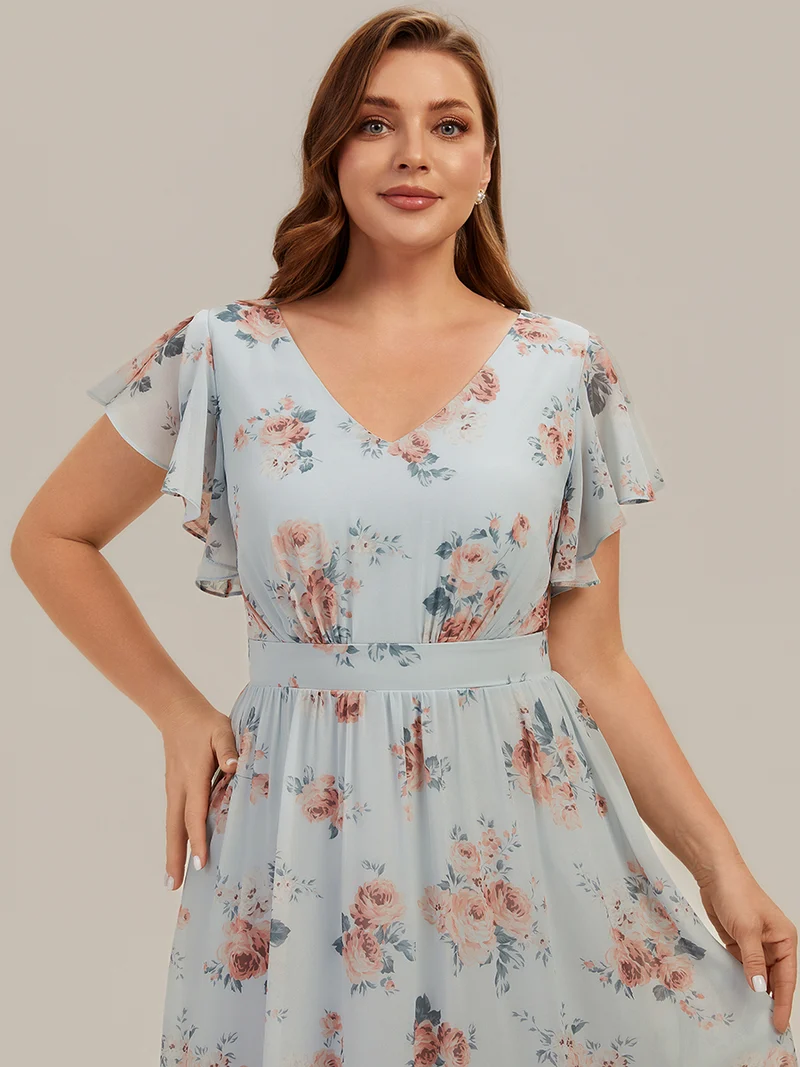Robe midi à manches courtes en V sans élasthanne avec des manches volantées
