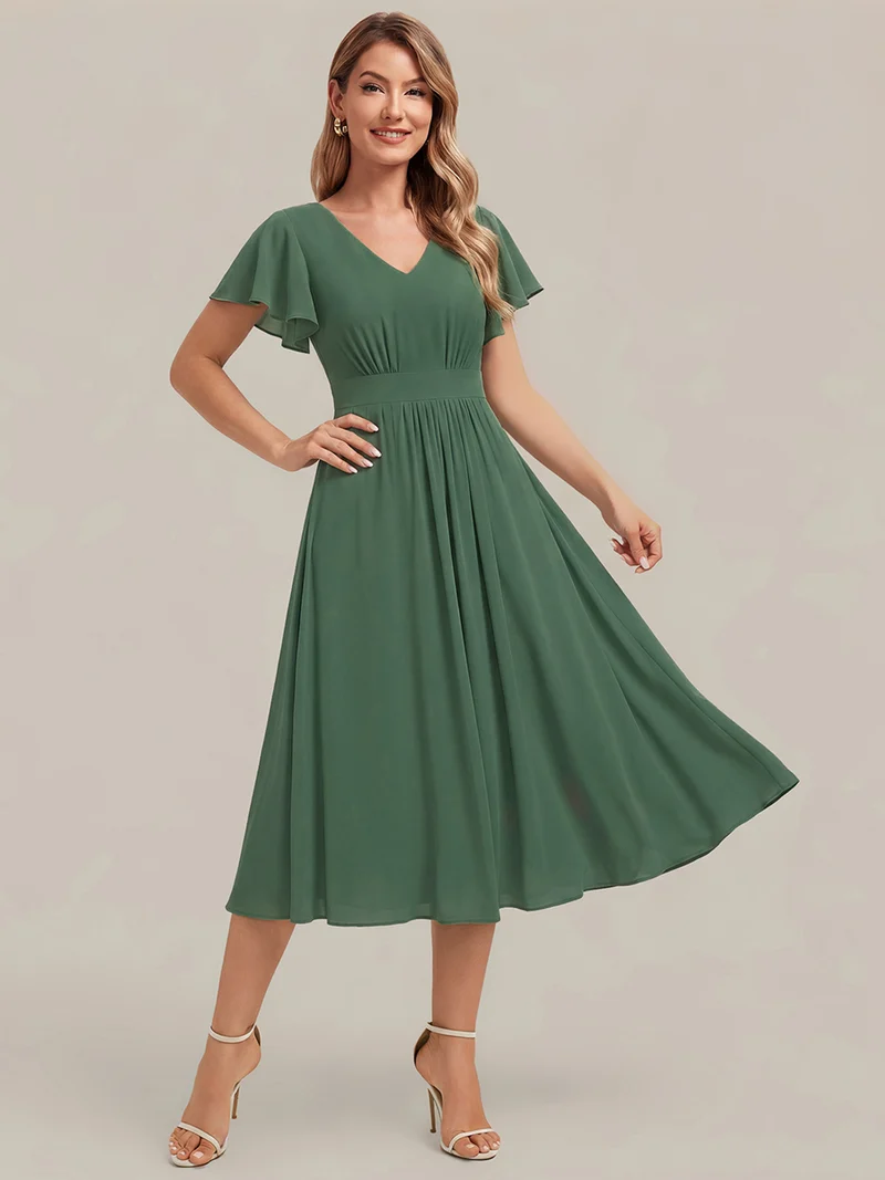 Robe midi à manches courtes en V sans élasthanne avec des manches volantées