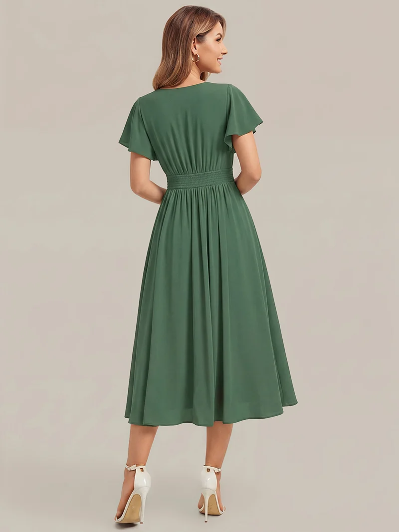Robe midi à manches courtes en V sans élasthanne avec des manches volantées