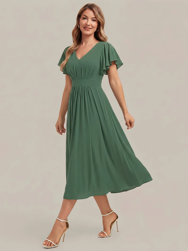 Robe midi à manches courtes en V sans élasthanne avec des manches volantées
