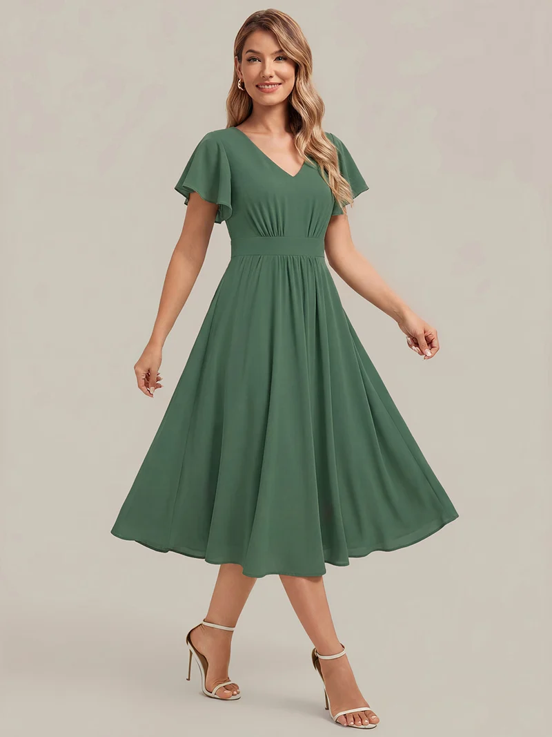 Robe midi à manches courtes en V sans élasthanne avec des manches volantées