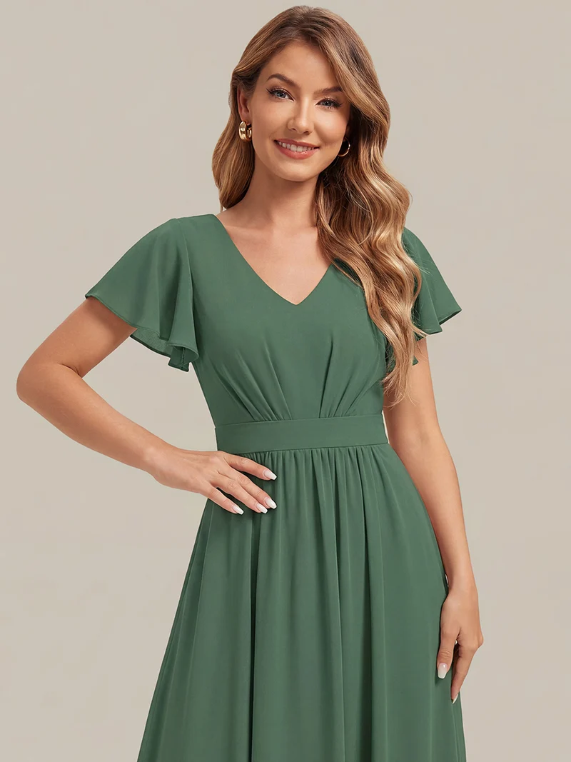 Robe midi à manches courtes en V sans élasthanne avec des manches volantées